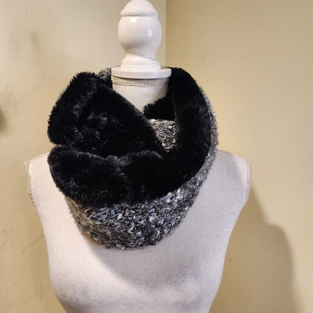 Cozy Black and Gray Knit Infinity Scarf